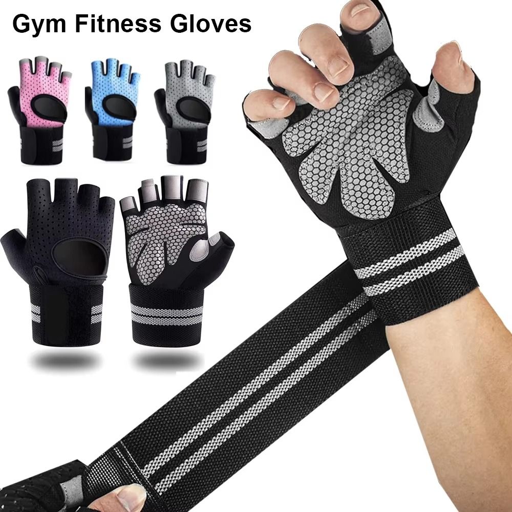 Wrist Wrap Support - ถุงมือออกกำลังกายแบบครึ่งนิ้ว 1 คู่ พร้อมสายรัดข้อมือ ป้องกันการลื่น ระบายอากาศได้ดี