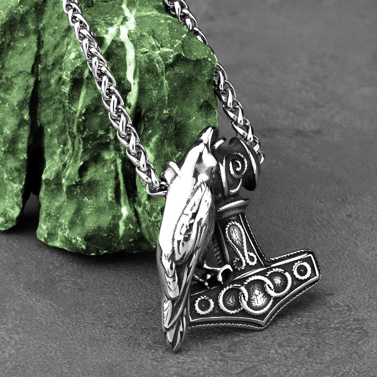 Battle Rope Anchor - Nordic Odin Raven Thor Hammer สร้อยคอผู้ชายสแตนเลส