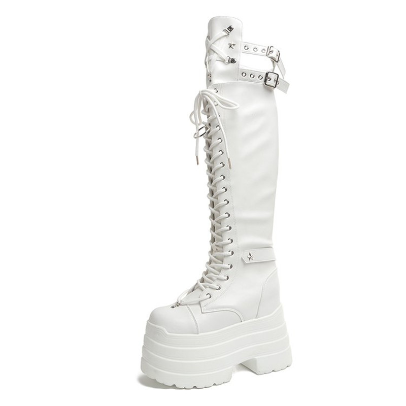 Crossfit Youtube - รองเท้าบูทคอสเพลย์สไตล์พังก์สำหรับผู้หญิงปี 2026 บูทยาวเหนือเข่าแบบสวมสบาย พื้นหนาเสริมส้นสูง สไตล์โกธิค